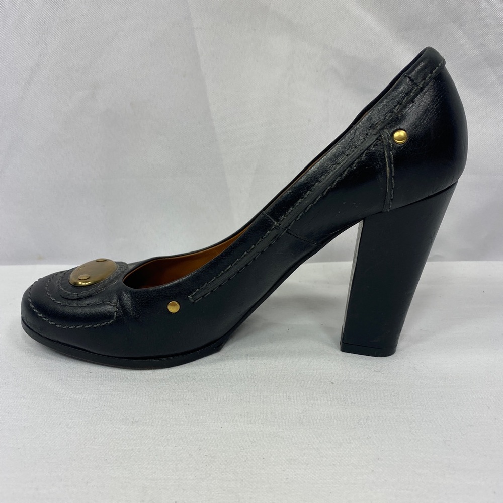 Chloe Front Brass Plate Block Heel Pump Round Toe Blk White Contrast Stitch 37.5 - Picture 11 of 16